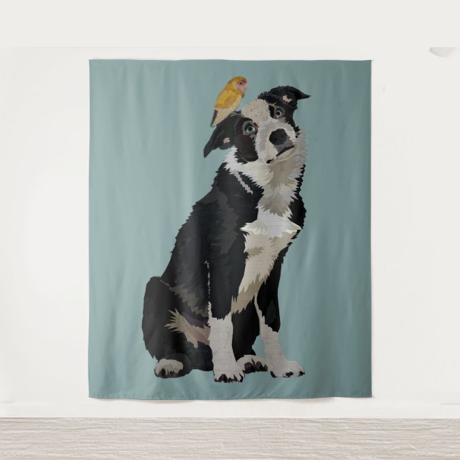 BORDER COLLIE & GOLDEN BIRD TAPESTRY (Front)