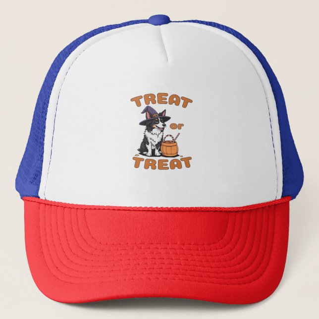 Border Collie Halloween Dog Costume “Treat or Trea Trucker Hat (Front)