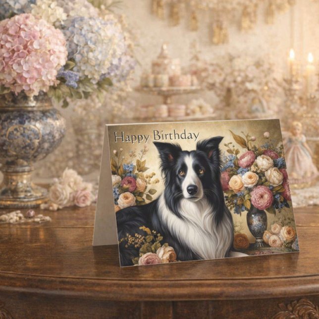 Border Collie Happy Birthday Folded Greeting Card (Elegant vintage Border Collie birthday card for dog lovers )