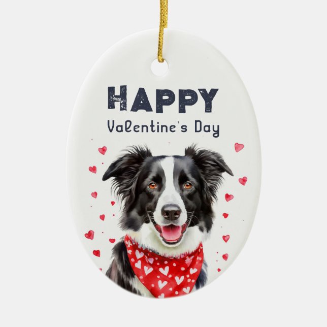 Border Collie Heart Bandanna Valentine's Day Photo Ceramic Tree Decoration (Front)
