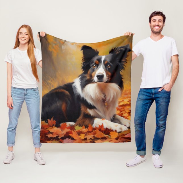 Border Collie  in Autumn Leaves Fall Inspire  Fleece Blanket (In Situ)