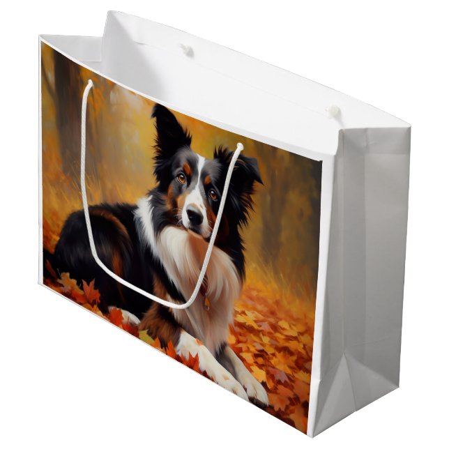 Border Collie  in Autumn Leaves Fall Inspire  Large Gift Bag (Front Angled)