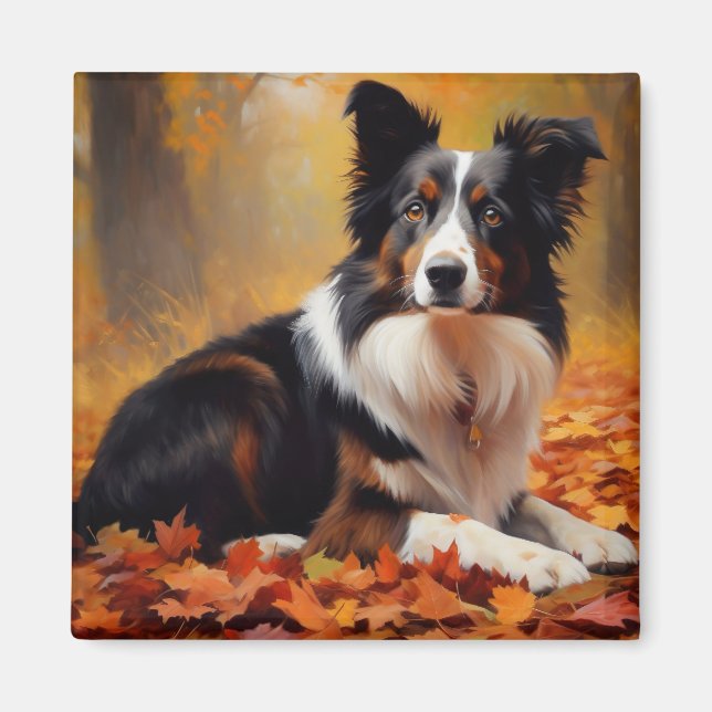 Border Collie  in Autumn Leaves Fall Inspire  Magnet (Front)