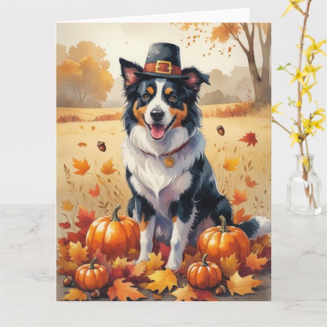 Border Collie In Autumn Leaves Thanksgiving Art  Card (Yellow Flower)