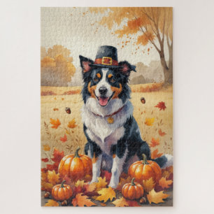 Border Collie In Autumn Leaves Thanksgiving Art  Jigsaw Puzzle