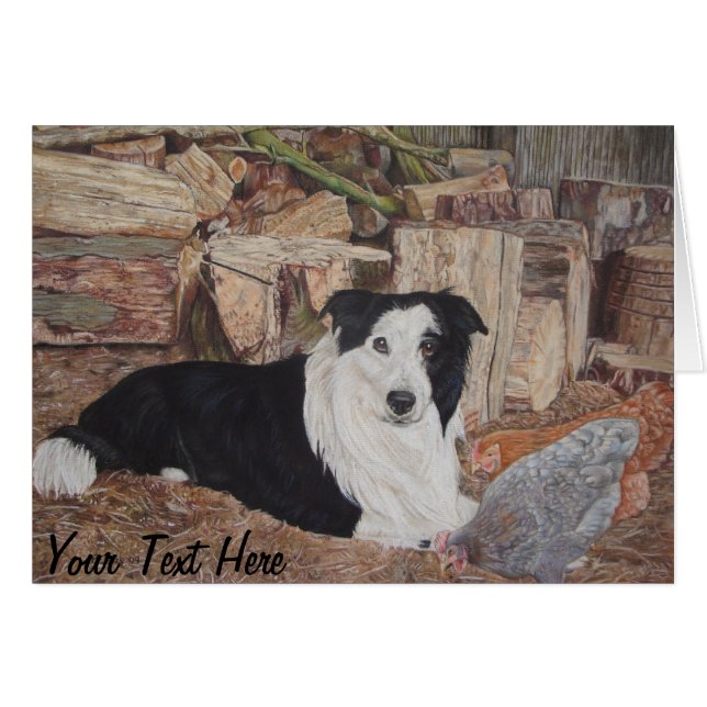 border collie in log shed with chickens portrait (Front Horizontal)