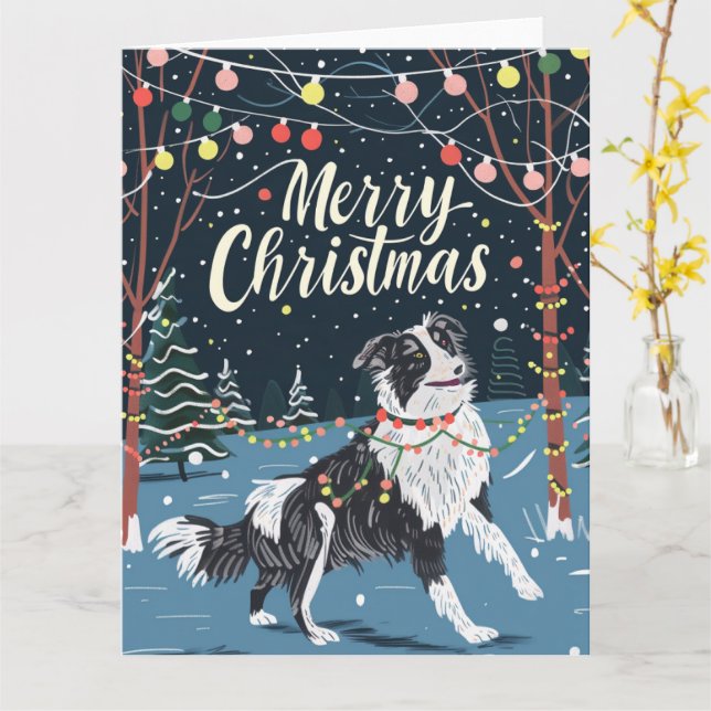 Border Collie in Snow Christmas Card (Yellow Flower)