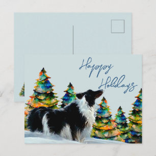 Border Collie in Winter Snow Christmas Tree Holiday Postcard