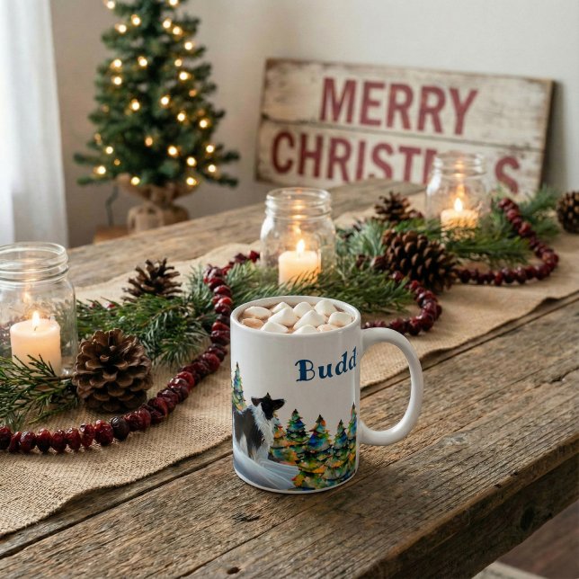 Border Collie in Winter Snow Forest Christmas Tree Coffee Mug (Creator Uploaded)