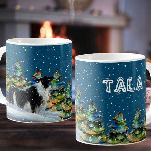 Border Collie in Winter Snow Forest Christmas Tree Coffee Mug