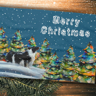 Border Collie in Winter Snow Forest Christmas Tree Tea Towel