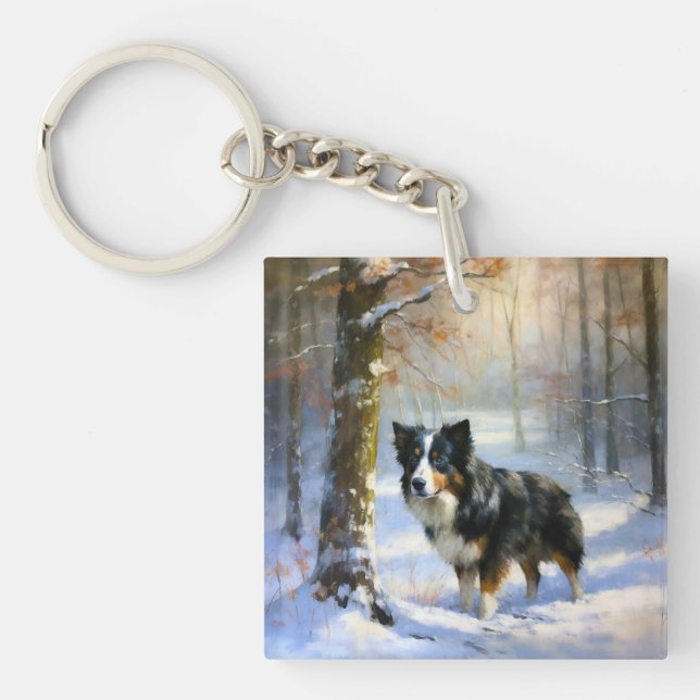 Border Collie Let It Snow Christmas Key Ring (Front)