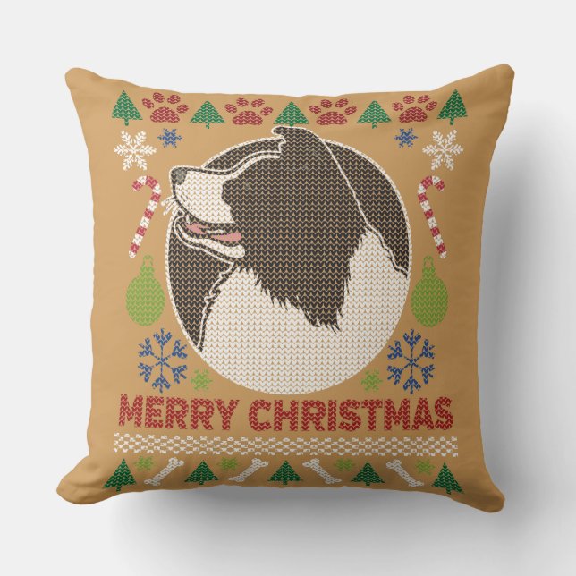 Border Collie Merry Christmas Ugly Sweater Cushion (Front)