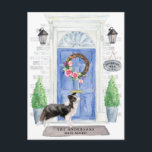 Border Collie Moving Announcement Postcard<br><div class="desc">Announce your new address with our stylish announcement featuring a Border Collie,  blue front door,  welcome mat,  slate sign,  topiaries and a floral wreath set on a grey brick background.</div>