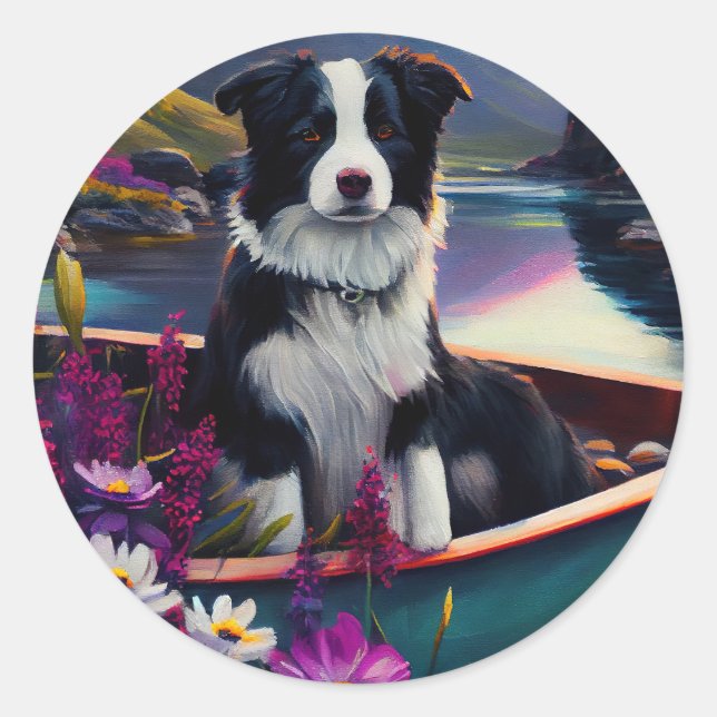 Border Collie on a Paddle: A Scenic Adventure Classic Round Sticker (Front)