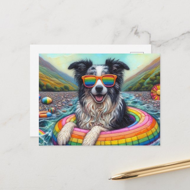 Border Collie on a Rainbow Colour Float Postcard (Front/Back In Situ)