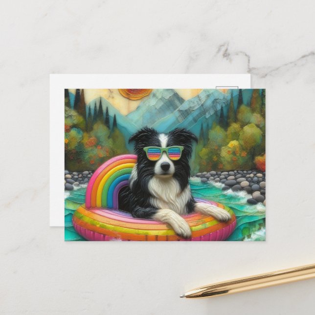 Border Collie on a Rainbow Colour Float Postcard (Front/Back In Situ)