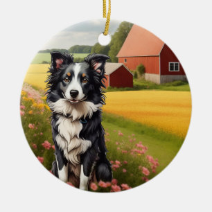 Border Collie on Farm Ceramic Tree Decoration