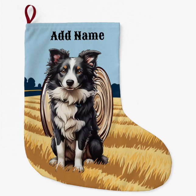 Border Collie on Farm Large Christmas Stocking (Front)