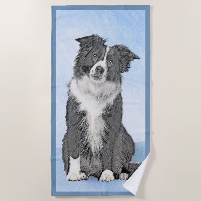 Border Collie Painting - Cute Original Dog Art Beach Towel (Front)