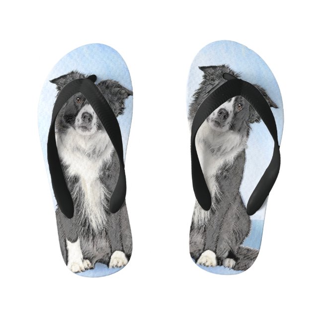 Border Collie Painting - Cute Original Dog Art Kid's Jandals (Footbed)
