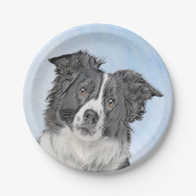 Border Collie Painting - Cute Original Dog Art Paper Plate (Front)