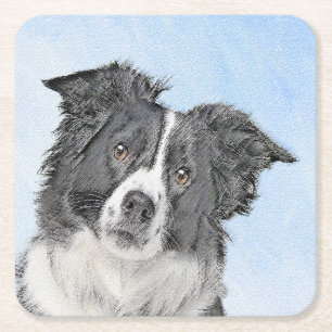 Border Collie Painting - Cute Original Dog Art Square Paper Coaster