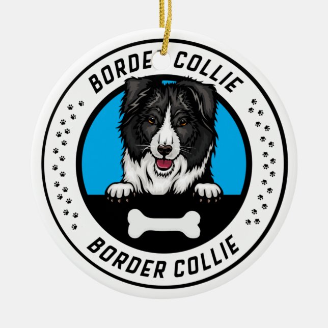 Border Collie Peeking Illustration Badge Ceramic Tree Decoration (Front)