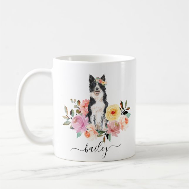 Border Collie Personalised Floral  Coffee Mug (Left)