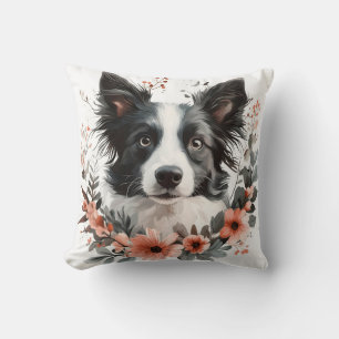 Border Collie Portrait with Floral Frame Cushion