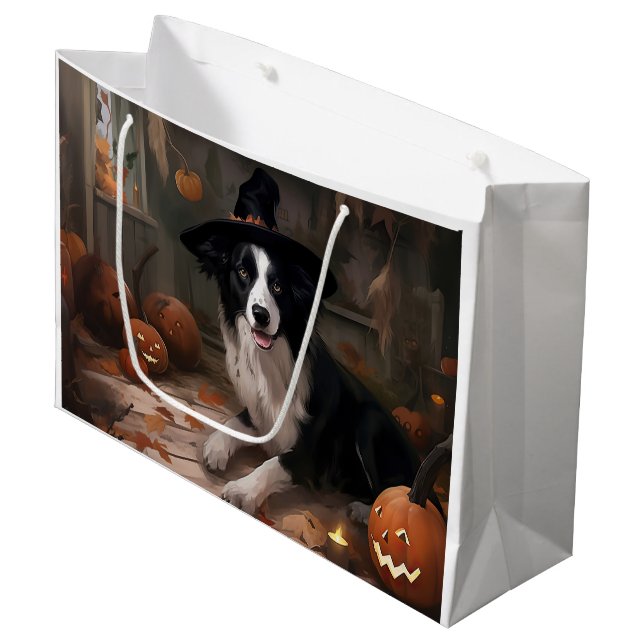 Border Collie Pumpkins Halloween Scary  Large Gift Bag (Front Angled)