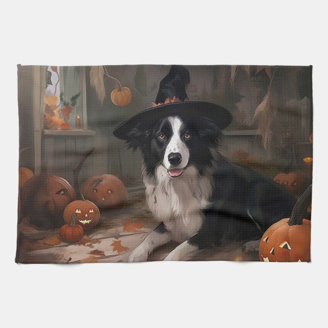 Border Collie Pumpkins Halloween Scary  Tea Towel (Horizontal)