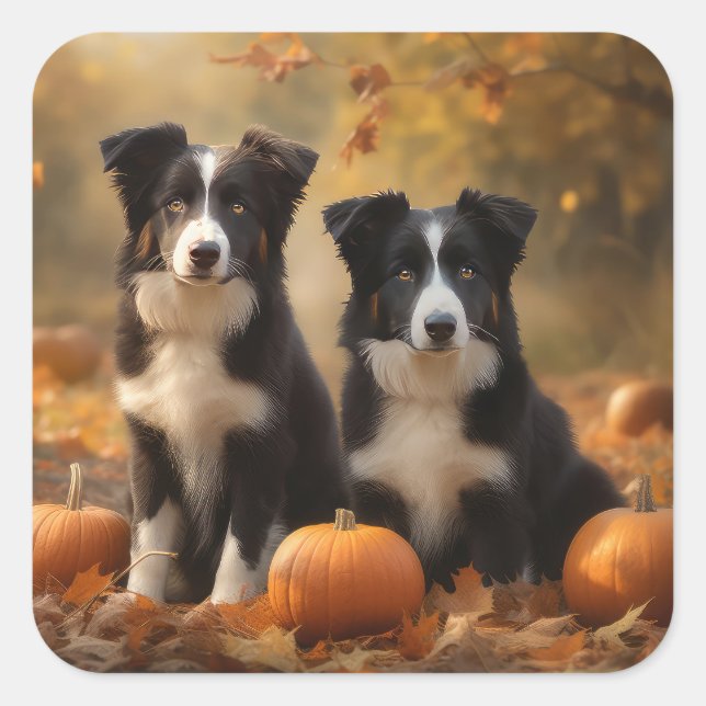Border Collie Puppy Autumn Delight Pumpkin Square Sticker (Front)