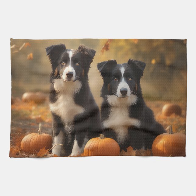Border Collie Puppy Autumn Delight Pumpkin Tea Towel (Horizontal)