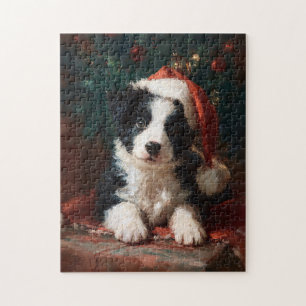 Border Collie Puppy Christmas Painting Jigsaw Pu Jigsaw Puzzle