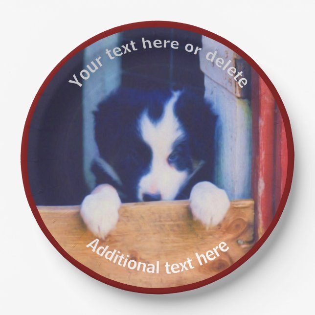 Border Collie Puppy Dog Art Personalised Party    Paper Plate (Front)