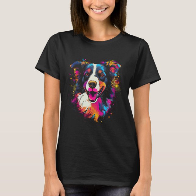 Border Collie Rainbow Splashes Retro Design T-Shirt (Front)