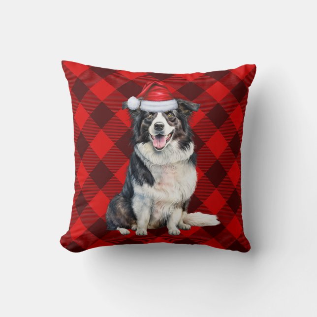 Border Collie Red Buffalo Plaid Christmas Dog Cushion (Front)