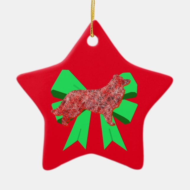 Border Collie Red Dog & Green Bow Christmas Ceramic Tree Decoration (Front)