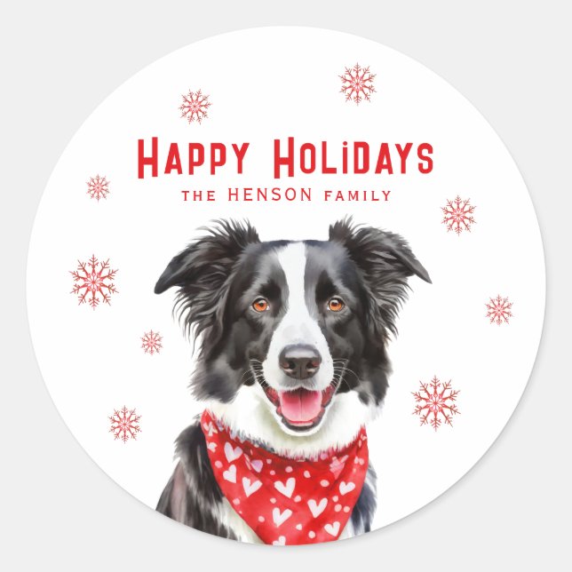 Border Collie Red Heart Bandana Christmas Photo Classic Round Sticker (Front)