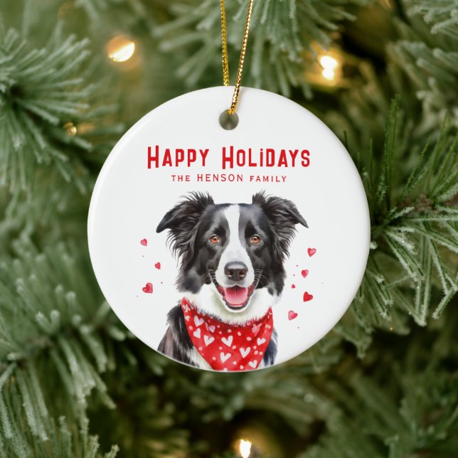 Border Collie Red Heart Bandanna Christmas  Ceramic Tree Decoration (Tree)