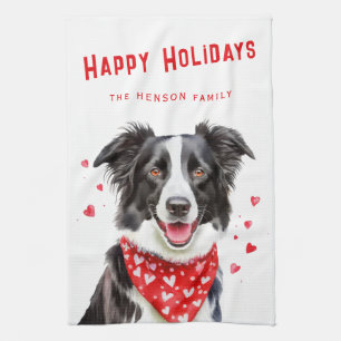 Border Collie Red Heart Bandanna Christmas Tea Towel