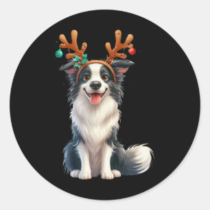 Border Collie Reindeer Santa Hat Xmas Lights Chris Classic Round Sticker