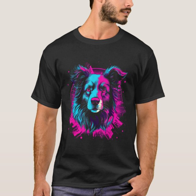 Border Collie Retro Vaporwave Design T-Shirt (Front)