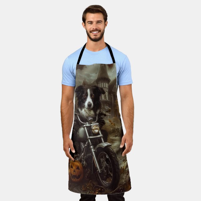 Border Collie Riding Motorcycle Halloween Scary Apron (Worn)