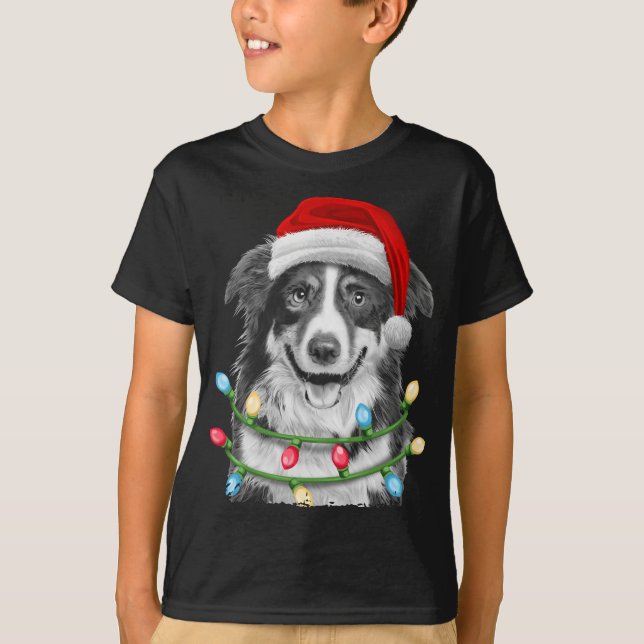 Border Collie Santa Christmas Tree Lights Xmas Dog T-Shirt (Front)