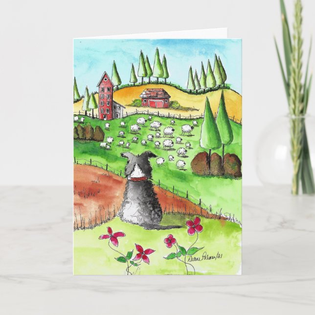 Border Collie, Sheep, Watercolor Print Card (Front)