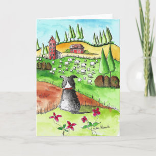 Border Collie, Sheep, Watercolor Print Card