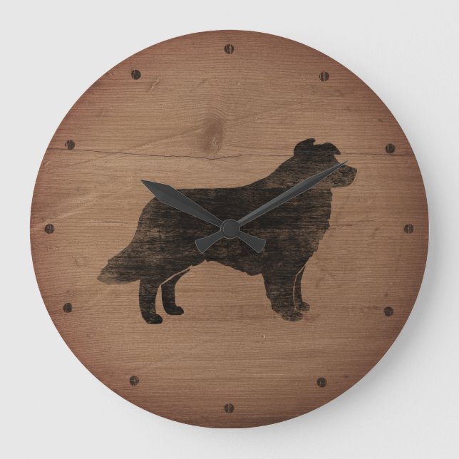 Border Collie Silhouette Rustic Style Large Clock (Front)