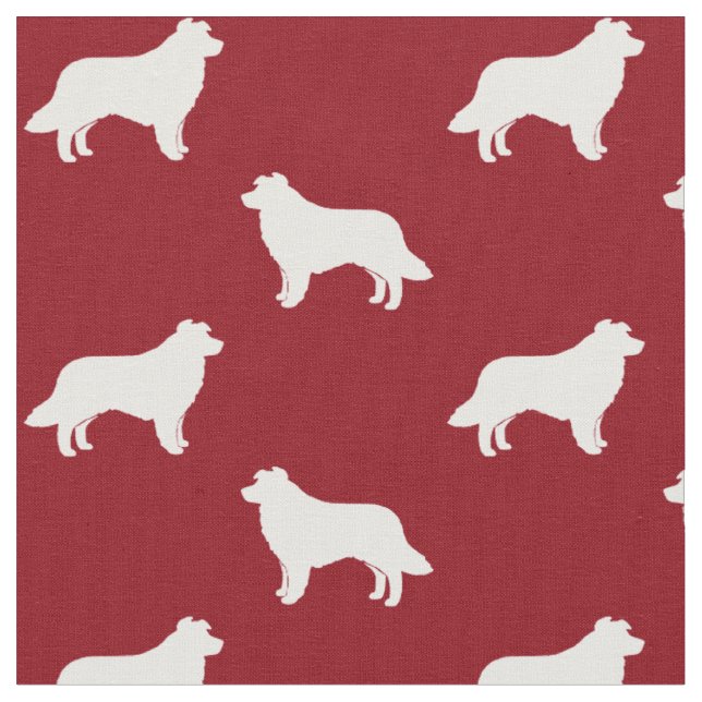 Border Collie Silhouettes Red and White Patterned Fabric (Close Up)